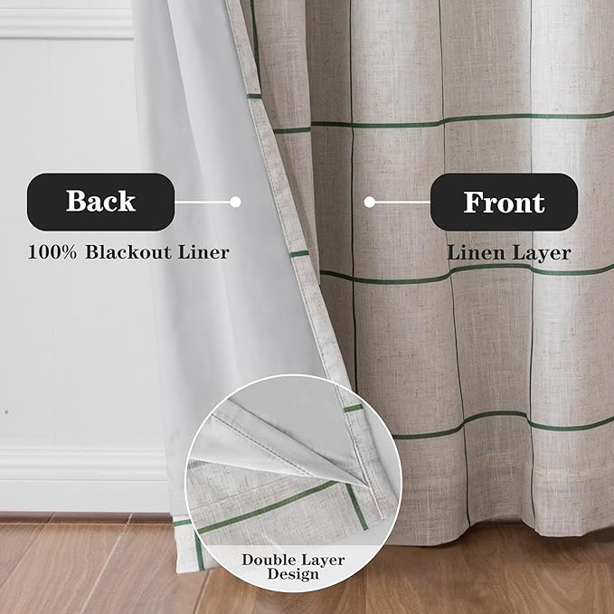 MYSKY HOME 100% Blackout Plaid Farmhouse Linen Curtains 84 Inch Long 2 Panels Set for Living Room Double Layer Checkered Drapes Thermal Insulated Privacy Protection Rod Pocket Back Tab, 52" W, Green