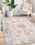 Lahome Washable 6x9 Area Rugs for Living Room, Vintage Floral Pink Large Rug for Nursery Girls Bedroom, Non Slip Lightweight Foldable Carpet for Apartment Dorm Home Office Decor