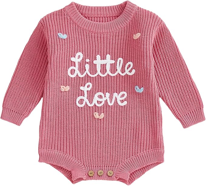 Lesimsam Newborn Baby Boy Girl Valentines Day Outfit Oversized Embroidery Long Sleeve Knit Sweater Bubble Romper Bodysuit