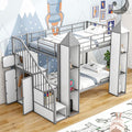 Twin Over Twin Castle-Shaped Bunk Bed with Wardrobe and Multiple Storage, Metal Bunk Bed with Storage Staircase and Safety Guardrail for Kids Teens Boys Girls Bedroom (White+Gray)