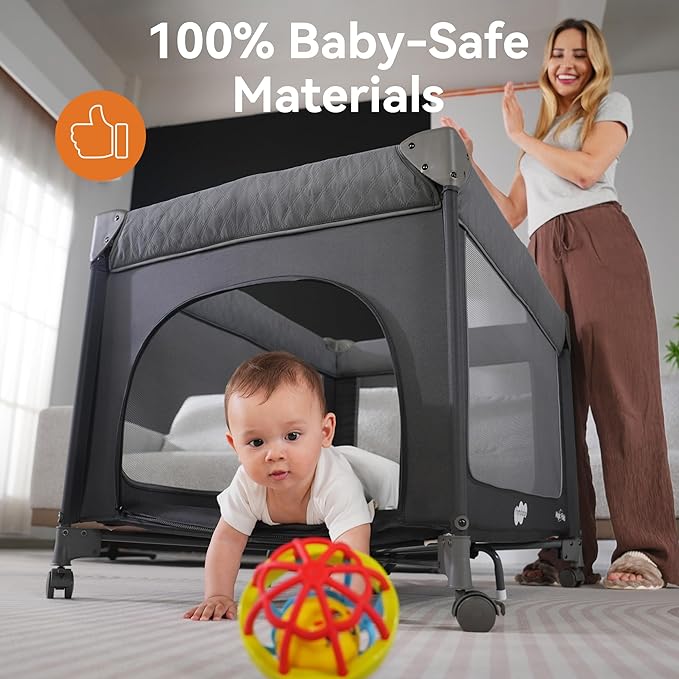 Pamo Babe 1-Second Setup 3-in-1 Playard for Babies - Heavy-Duty Steel Frame for Safe Sleep Space, Portable Crib with Zip Door & Changing Table, Locking Wheels, Breathable Mesh