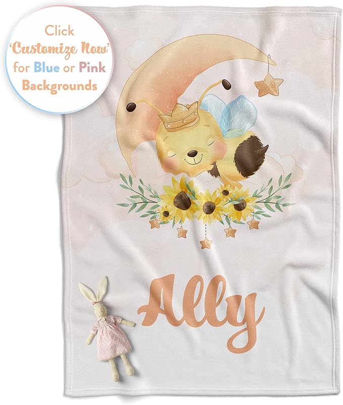 Personalized Baby Blankets with Name | Custom Bee Blanket for Girl and Baby Boy | Unisex Warm Soft Fleece Swaddle Blanket Minky | (Bee, Fleece 60"x80")