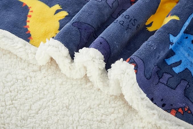Flannel Baby Blanket Reversible Super Soft Blankets for Boys Girls Infant Newborn Sherpa Receiving Blankets for Crib Stroller Blue Dinosaur 30" x 40"