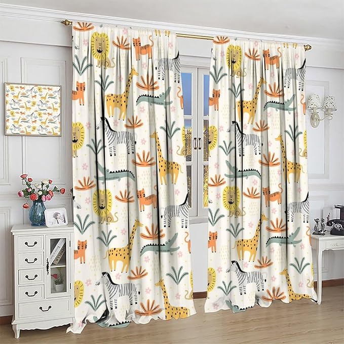 Wild Animals Curtains, Cute Cartoon Animals Zoo with Lion Zebra Crocodile Cat and Giraffe Tropical Jungle Plant Print Window Treatments for Kids Boys Girls Bedroom Living Room 84x84in