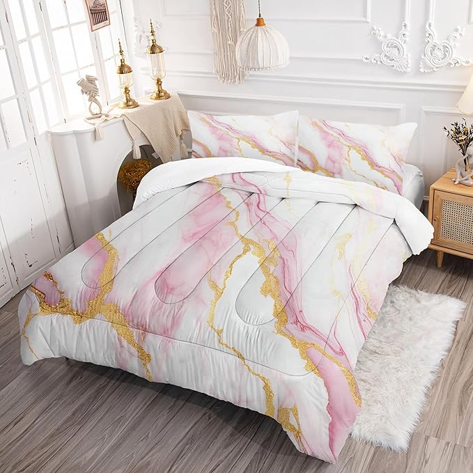Girls Queen Comforter Set: Pink Marble Bedding Set Queen Size for Teen Girl Women Pink and Gold Abstract Marbling Bed Set Luxury Soft Quilt 1 Comforter & 2 Pillowcases