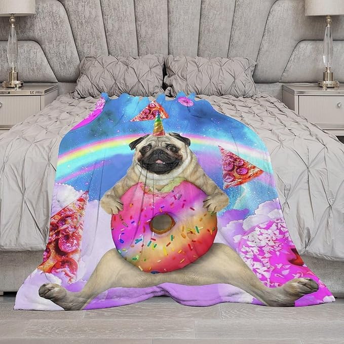 Pug Blanket Funny Pug Gifts for Girls Boys Woman Kids Doughnut Pizza Lover Dog Throw Blankets Soft Blanket Warm Fleece Flannel Plush Blankets for Bed Sofa Couch 60"x80"