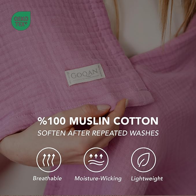 Goqan Throw Blanket 55x60 – 100% Cotton 4 Layer Boho Muslin Blanket for Adults, Lightweight, Soft, Breathable for Bed, Couch, Picnic - Pink