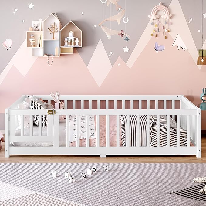 Bellemave Full Size Floor Bed with Rails for Kids, Girls, Boys, Pine,Plywood Floor Bed with slats and Door, White