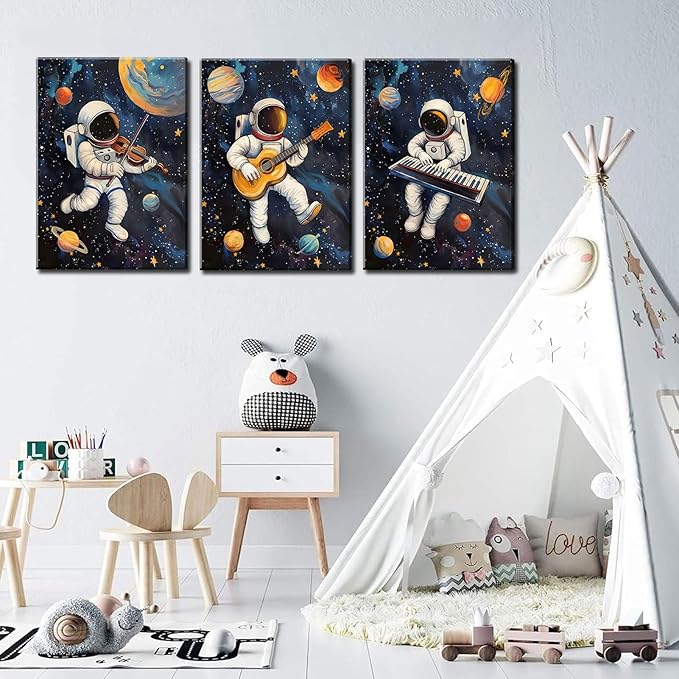 3Pcs Space Astronaut Music Canvas Wall Art Cute Astronaut Musician Decor Pictures Funny Piano Guitar Violin Posters Prints for Boys Room Girls Room Kids Room Nursery Decoration