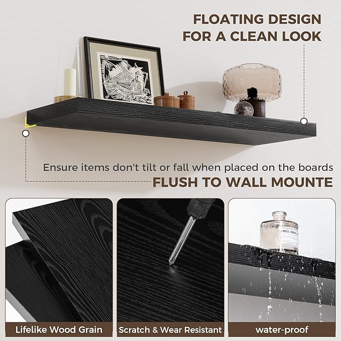 Fun Memories 24 x 12 Inch Deep Floating Shelves, 12 Inch Deep Rustic Wooden Book Shelf, Extra Deeper & Thicker Hanging Shelves for Living Room, Bathroom, Bedroom, Kitchen, Office, Set of 3 (Black)