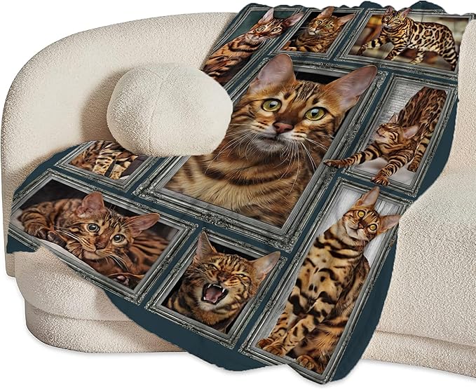 Jerkboo Bengal Cat Blanket, Multicolor, Flannel, Throw Blanket, 80"x60", Soft, Warm, Cute Cat Throw Blanket for Girls, Women, Kids, Adults