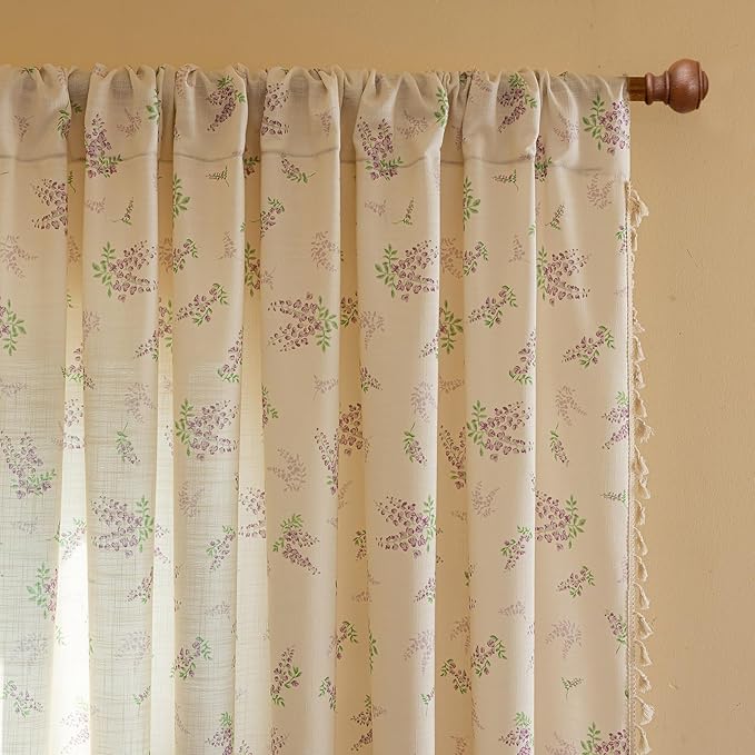 ENJOYBRIDAL Purple Floral 84 Inch Curtains for Living Room Decor Drapes Semi Sheer Bedroom Rod Pocket Tassel Window Curtains 2 Panels Aesthetic Farmhouse Cute Boho Window Treatments