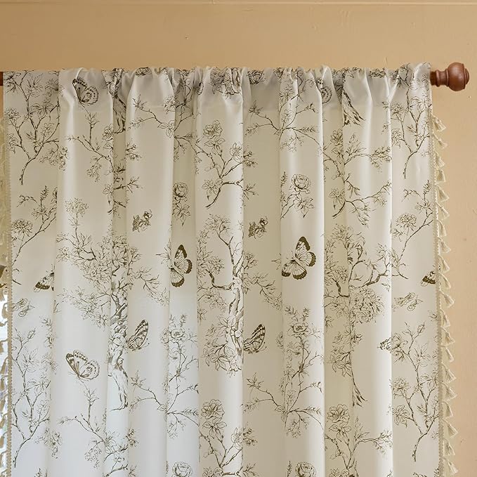 ENJOYBRIDAL Floral Curtains 63 Inch Length Boho Semi Sheer Drapes 2 Panels Bedroom Living Room Short Window Curtain Panels Farmhouse Rod Pocket French Country Vintage Cute Window Treatments