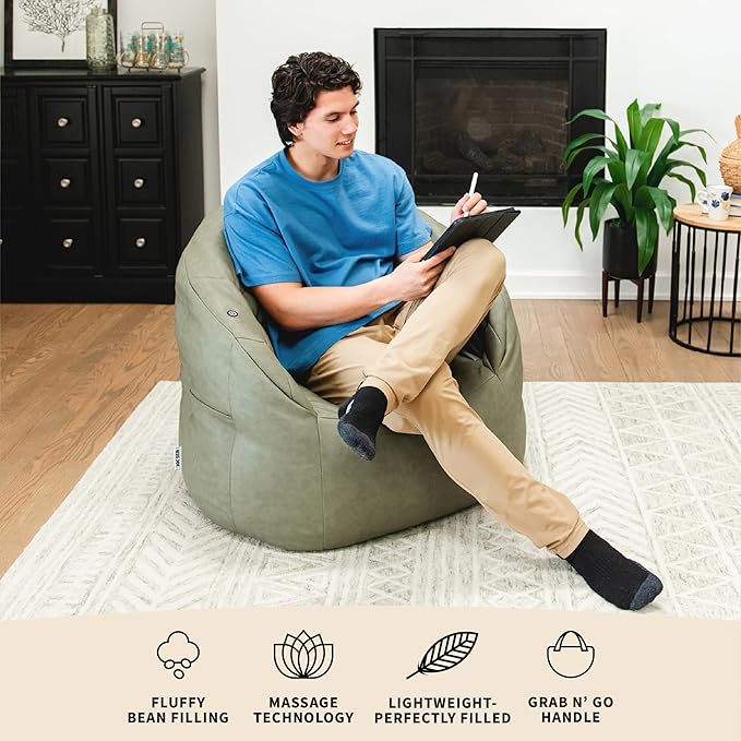 Big Joe Milano w/Vibe Vibrating Massage Bean Bag Chair for Kids, Teens, Adults, Olive Green, Vegan Leather, Lightweight Seat for Reading Nook and Gaming 2.5 Foot Refillable