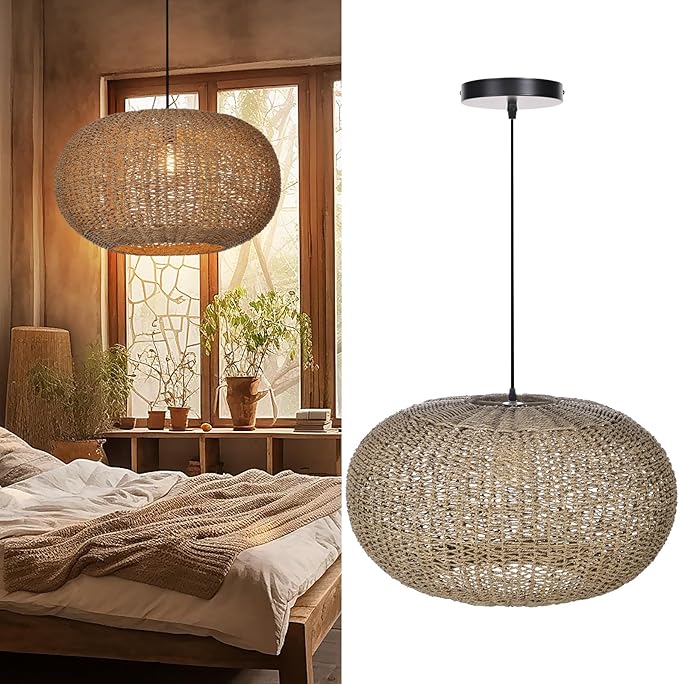 Arturesthome Large Natural Hand Weaved Rattan Pendant Lamp,Coastal Beach Boho Chandelier for Kitchen Hallway Bedroom Dinning Room Living Room Dia 23.6 in