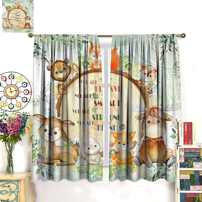 Kids Safari Animal Curtains Cute Watercolor Wildlife Jungle Window Treatments for Boys Girls Bedroom Inspirational Motivational Quotes Nursery Children Drapes for Living Room W63xL72
