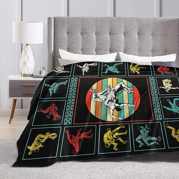 Wrestling Fleece Blanket Sports Wrestle Throw Blankets for Girls Boys Super Soft Warm Flannel Vintage Colorful Throws Gifts for Men Women Cozy Fuzzy Plush Stuffed Couch Bed Bedding Decor 60"x50"
