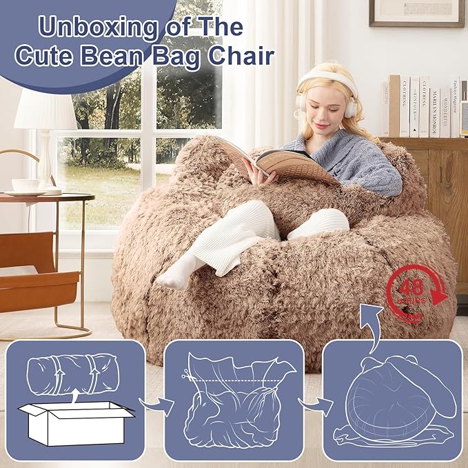 Bean Bag Chair for Adults Teens Giant Faux Fur Bean Bag Chairs with Filler Fluffy Plush Cat Shaped Beanbag Couch Comfy Accent Floor Sofa for Gaming, Reading in Living Room, Bedroom, Dorm