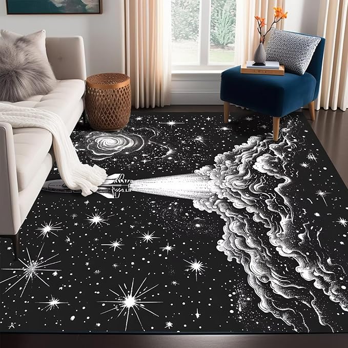 5' x 7' Space Rocket Rug for Kids Bedroom Black Stars Galaxy Rugs Carpet Planet Printed Throw Rugs for Boys Teens Living Room,150x210cm
