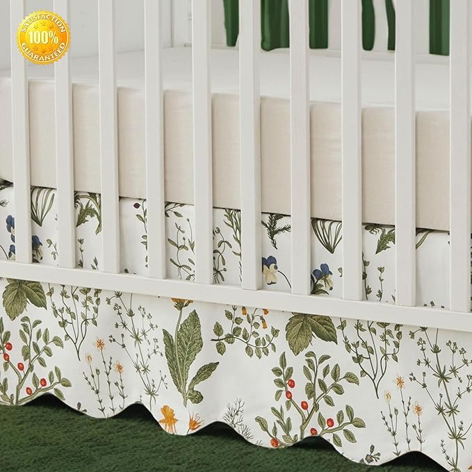 Brandream Scallop Edge Cotton Crib Skirt Toddler Bedskirt Baby Nursery Crib Bed Skirt Boho Bohemian Neutral Vintage Sage Green Botanical Floral Farmhouse Chic Boho Bohemian Skirt