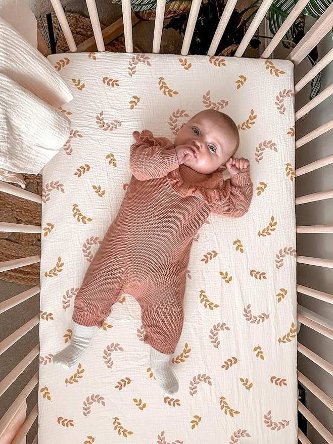Mini Crib Sheets for Baby, Fitted Pack N Play Mattress and Mini Cribs 24" x 38", Neutral Muslin Cotton Mini Crib Mattress Sheet with Boho Style, Soft and Breathable Comfort (Leaf)