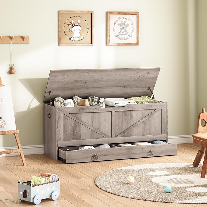 HOOBRO Storage Chest, 43.3" Toy Chest with Drawer, Wooden Storage Bench, Sturdy Entryway Bench Supports 220 lb, Shoe Bench, Safety Hinge, U-Shaped Opening, Easy Assembly, Greige BG711CW01G1