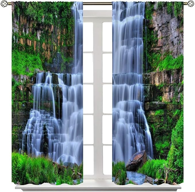 Nature Scenery Waterfall Blackout Curtains, Forest Waterfall Landscape Green Jungle Stone Falls Print Pattern Rod Pocket Window Drapes, for Bedroom Living Room 72" W X 63" L