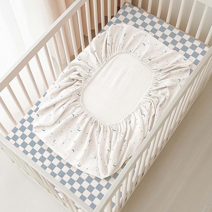 Konssy Muslin Crib Sheets for Boys, Soft Cotton Neutral Baby Sheets for Standard Crib Mattress 2 Pack, 52"x28" (Dreamfield Sky,Baby Blue Plaid)