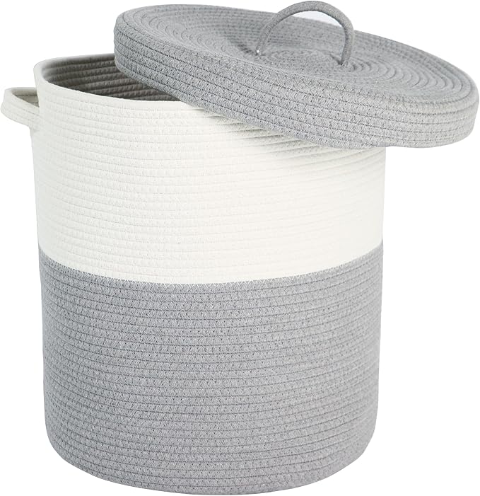 Large Storage Basket with Lid 60L, 16"Wx18"H Woven Laundry Hamper Basket with Handle, Room Decor Cotton Rope Wicker Basket Toy Organizer Bins for Clothes Blankets Pillows, Gray/White Mix includes Lid