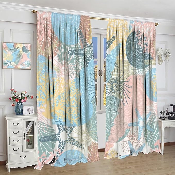 Nautical Blackout Curtain Beach Theme Starfish Seashell Nautical Rustic Ocean Sea Vintage Retro Coastal Summer Bedroom Set 2 Panels,52x84 Inches