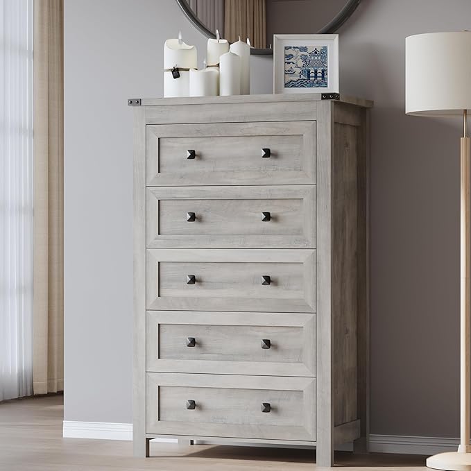Tall 5-Drawer Dresser, Modern Wooden Storage Chest of Drawers, Dresser TV Stand, Wood Drawer Organizer with Metal Handles for Bedroom, Living Room, Hallway