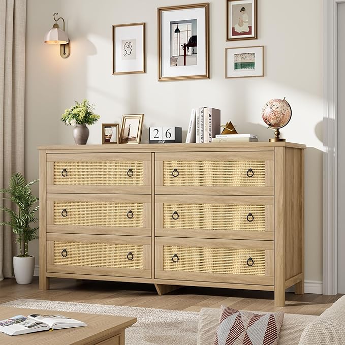 IDEALHOUSE Rattan Dresser for Bedroom with 6 Drawers, 47'' Wide Chest of Large Drawers with Large Clothes Storage Cabinet, Wood Bedroom Dresser, TV Stand for Nursery, Living Room, Hallway