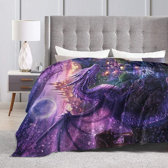 Dragon Blanket Purple Throw Blankets for Girls Boys Soft Warm Cool Mysterious Castle Throws Flannel Fleece Plush Animal Gifts for Kids Men Women Adults for Bed Sofa Bedding Decor 80"x60"