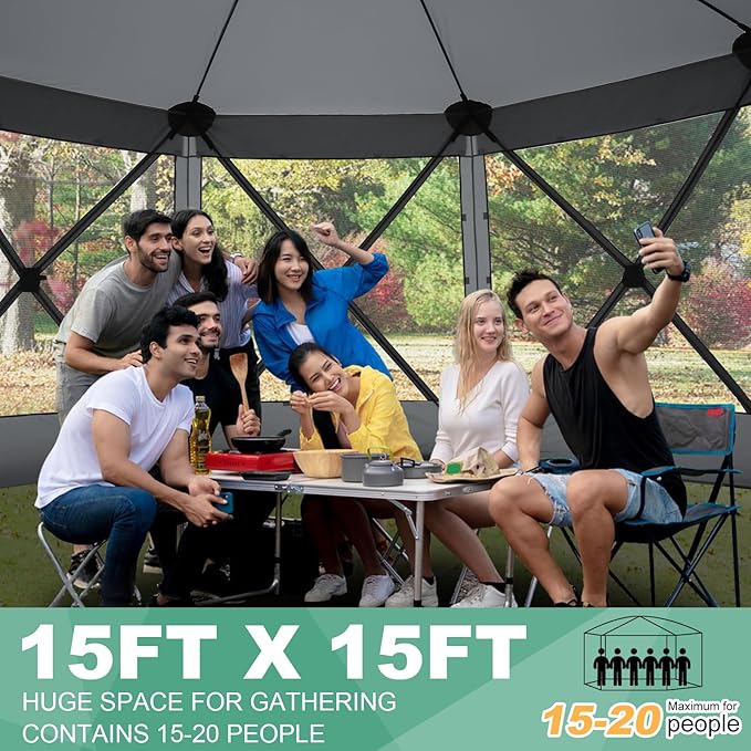 COBIZI 15x15ft Extra Large Pop-Up Gazebo Canopy Tent with Mosquito Netting, Spacious Easy Set-Up Screened Shelter, Durable Outdoor Pavilion with Ground Stakes, Perfect for Patio, Backyard, and Lawn