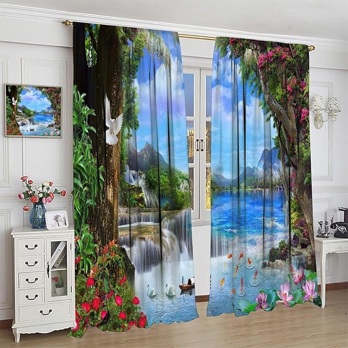 Spring Jungle Waterfall Blackout Window Curtains, Tropical Rainforest Floral Tree Waterfall Landscape Print Window Drapes, for Living Room Bedroom 42x63in 2 Panels