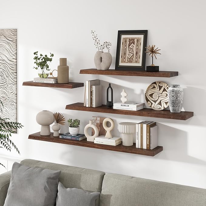 Live Edge Elm Floating Shelves For Wall - 36" W x 9.3" D Rustic Solid Wood Shelves with Invisible Bracket, Wall-Mounted Storage & Display Shelf for Living Room Bedroom Kitchen, Set of 2, Walnut