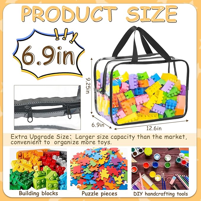 12.6 * 9.25 * 6.9 IN Extra Large Toy Storage Bags, 6 Packs Clear Waterproof Toy Organizer Bags with Labels, Dual Zippers and Portable Handheld Design, Board Game Storage for Building Blocks, Puzzle