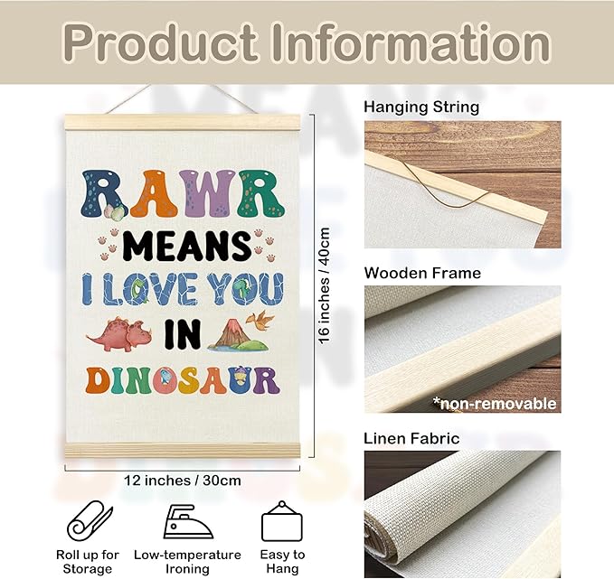 TLESKE Dinosaur Poster Hanger Frame for Boy Kids Room Bedroom Nursery Playroom, Raw Means I Love You Hanging Wall Art Decor Framed for Baby Boy, Dinosaur Wall Prints Picture Artwork Banner, 12x16