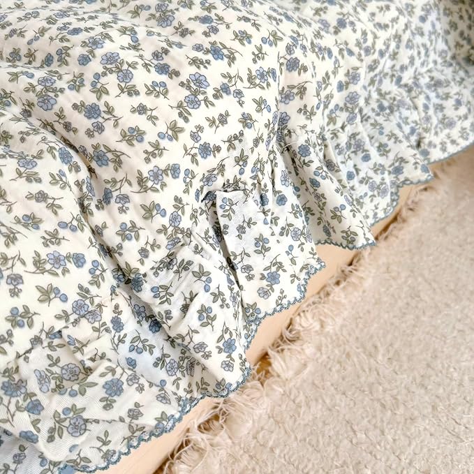 BuLuTu Blue Floral Print Duvet Cover Full Bed Comforter Cover 79"x90", Cotton Muslin Quilt Cover with Ruffles Chic Princess Bedding Duvet Cover with Zipper, No Pillow Cases/Filling