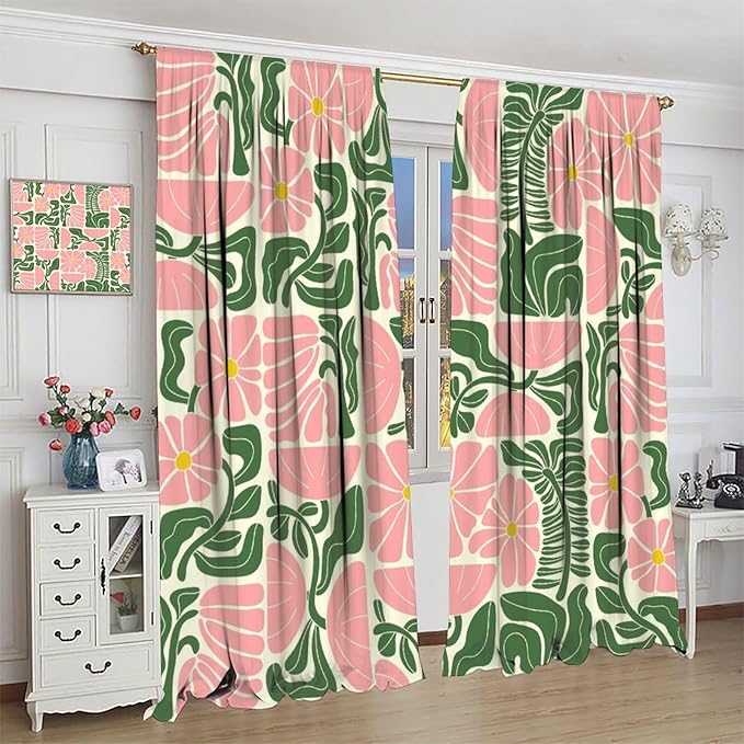 70s Flowers Curtains,Retro Geometric Boho Vintage Botanical Green Pink Flower Curtain for Bedroom Living Room Bathroom Window Curtains,70s Mid Century Flowers Window Treatments 42" W X 54" L