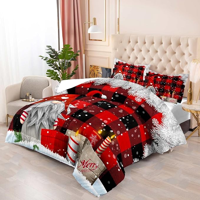LUVIVIHOME 3PCS Merry Christmas Comforter Set King Size, Funny Gnome Bedding, Red and Black Plaid Winter Snowflake Christmas Bedroom Decor for Kids Boys Girls Teens Toddler, Xmas Gifts, 2 Pillow Shams