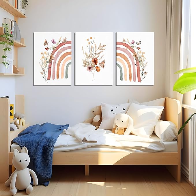 AKWISH Boho Rainbow Wall Art for Girls Room - Set of 3 Framed Wildflower Canvas Prints for Nursery, Baby Girl Room, Kids or Dorm Decor - Soft Pastel Botanical Bohemian Wall Decor 12x16in