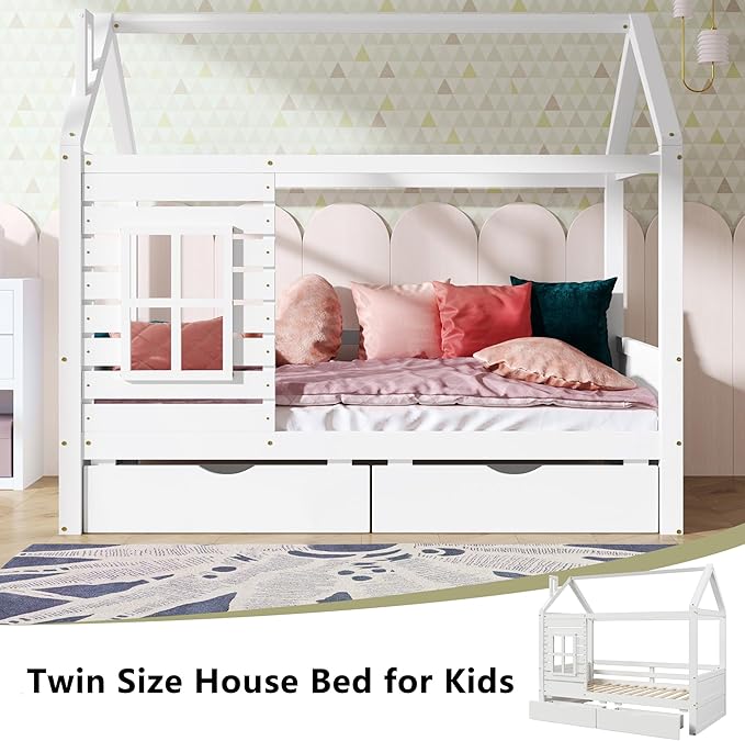 Aoowow Twin Size Kids House Bed with 2 Drawers, Wooden Twin Bed Frame with Window and Roof for Bedroom, Modern Twin Size Kid Playhouse Bed with Slats for Boys Girls, Can be Decorated, White