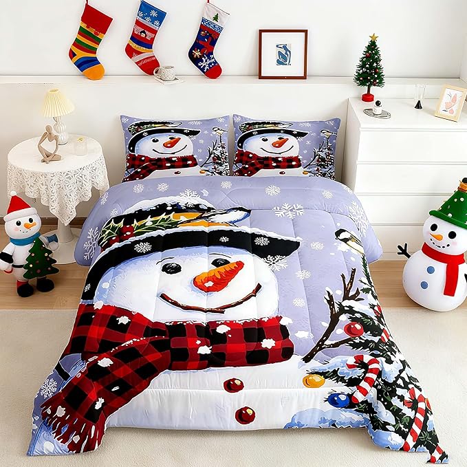 Feelyou Kids Christmas Theme Decorations Bedding Set Xmas Snowman Comforter Set for Boys Girls Merry Christmas Comforter Funny Cute Decor Quilt Set Bedroom Collection 3Pcs King Size