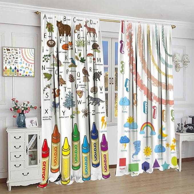 Kids Alphabet Curtain, Funny Cartoon Animal Rainbow Learning, Educational Boys Girls Children Printed Rod Pocket Blackout Window Treatments for Bedroom Living Room Nursery 42" W X 63" L