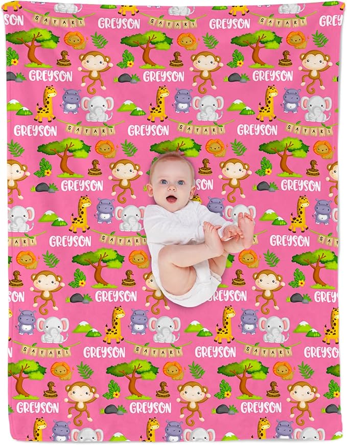 Custom Safari Animals Blanket Gift, Personalized Baby Blanket with Name, Soft Plush Flannel/Sherpa Fleece Throw Blankets for Toddler Kid Teen Boys Girls Color08