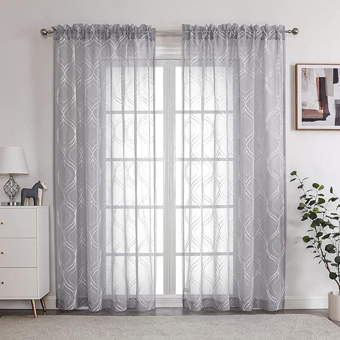 VISIONTEX White Sheer Curtains 108 Inches Long 2 Panels Set Grey Moroccan Embroidered Curtains Trellis French Textured Rod Pocket Voile Tulle Semi Window Drapes for Bedroom Living Room 54 x 108 Inch