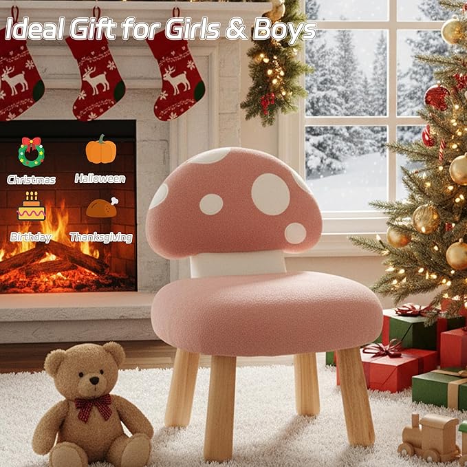 Pink Kids Chairs Toddler Chair Comfy Chenille Toddler Couch Sofa, Armless Boys Girls Desk Chairs, Upholstered Muchroom Kid Reading Chairs, Girls Desk Chair for Bedoom/Playroom/Gifts, Pink