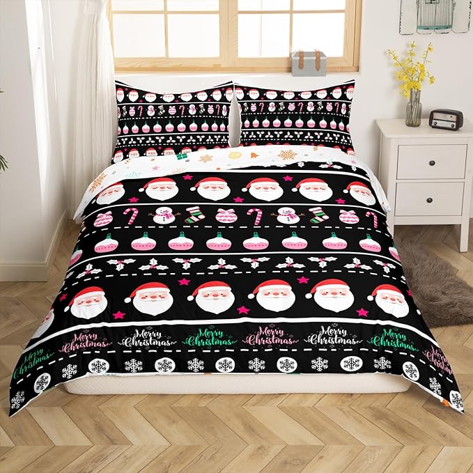 Merry Christmas Decorative Comforter Cover Full Size Xmas Cartoon Santa Claus Snowmen Duvet Cover Winter New Year Bedding Set Gifts for Kids Boys Girls 2 Pillow Cases