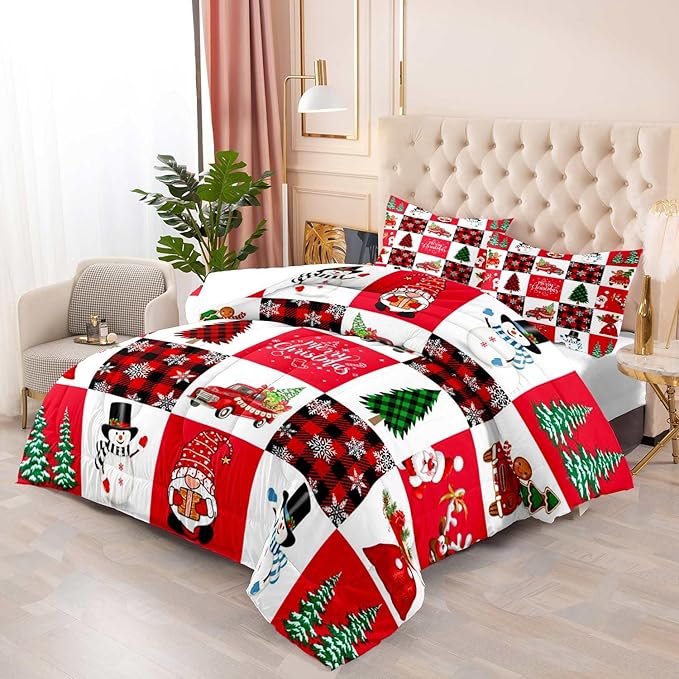 LUVIVIHOME 2PCS Merry Christmas Comforter Set Twin Size, Cartoon Cute Funny Santa Claus Snowman Gnome Truck White Red Black Plaid Bedding, Snowflake Xmas Tree Christmas Bedroom Decor, 1 Pillow Sham